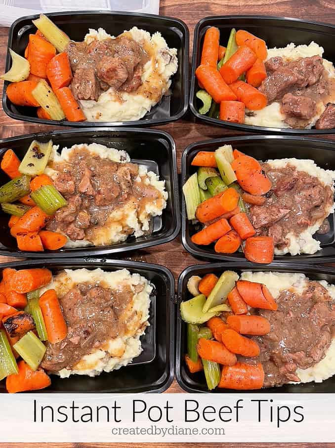 instant pot beef tips with mashed potatoes carrots and celery, individual servings