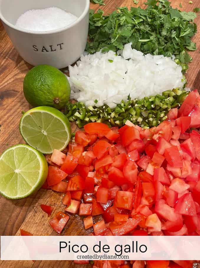 chopped tomato, jalapeno, onion, cilantro, lime and salt the perfect combo for pico de gallo