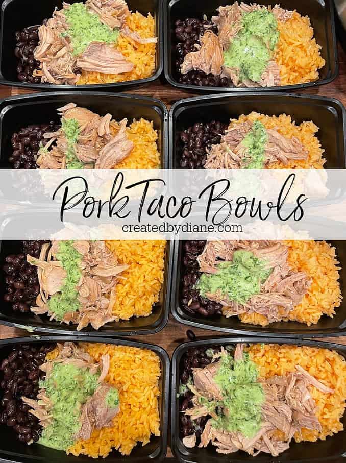 to go containers with mexican rice, pork, black beans and a cilantro lime sauce