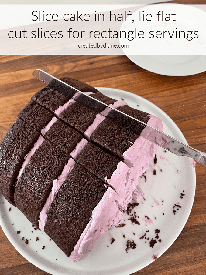 slicing a round cake into rectangle servings createdbydiane.com
