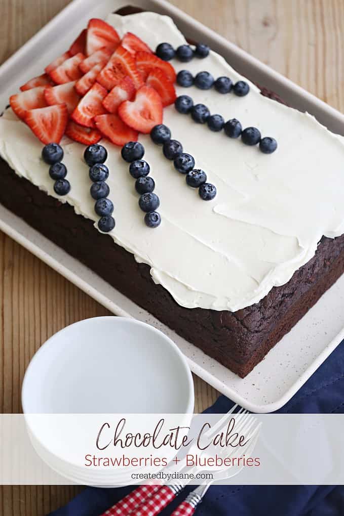 EASY Chocolate Chocolate Chip Cake with Berries patriotic recipe from createdbydiane.com
