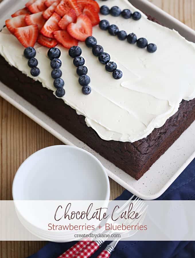 EASY Chocolate Chocolate Chip Cake with Berries patriotic recipe from createdbydiane.com