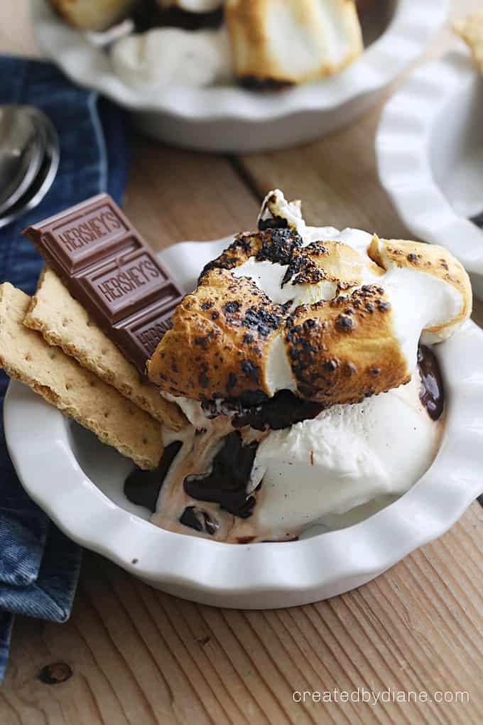 S'more Sundae with hot fudge, toasted marshmallows, chocolate, and ice cream createdbydiane.com