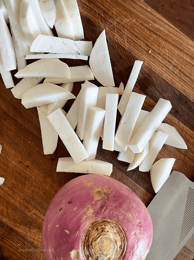 cutting turnips into baton shapes createdbydiane.com