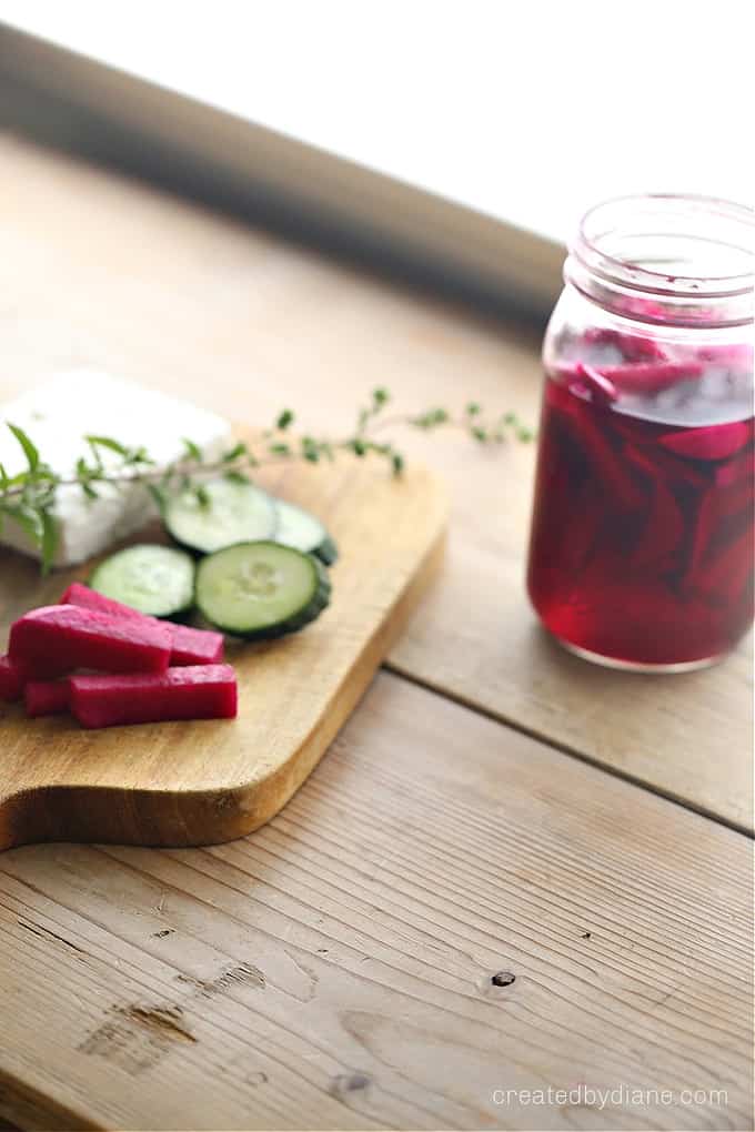 pickled turnips with a small beet, pink turnips createdbydiane.com