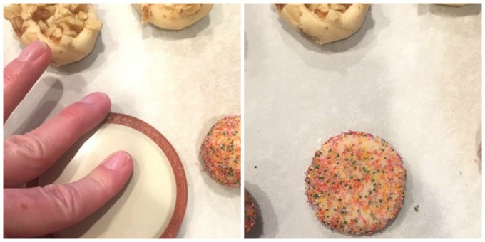 pressing cookies and adding sprinkles