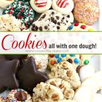 A tray of multiple varieties of cookies all different flavors , sprinkles, chocolate, nuts, cinnamon all baked in 2 hours with one cookie dough recipe. A pretty party platter of cookies made easily.