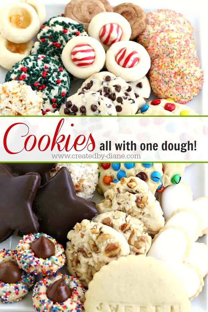 A tray of multiple varieties of cookies all different flavors , sprinkles, chocolate, nuts, cinnamon all baked in 2 hours with one cookie dough recipe. A pretty party platter of cookies made easily.
