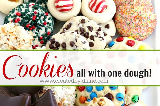 A tray of multiple varieties of cookies all different flavors , sprinkles, chocolate, nuts, cinnamon all baked in 2 hours with one cookie dough recipe. A pretty party platter of cookies made easily.