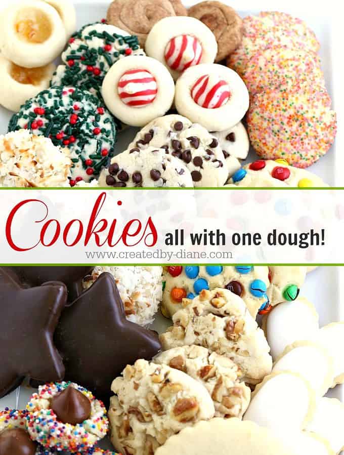 A tray of multiple varieties of cookies all different flavors , sprinkles, chocolate, nuts, cinnamon all baked in 2 hours with one cookie dough recipe. A pretty party platter of cookies made easily.