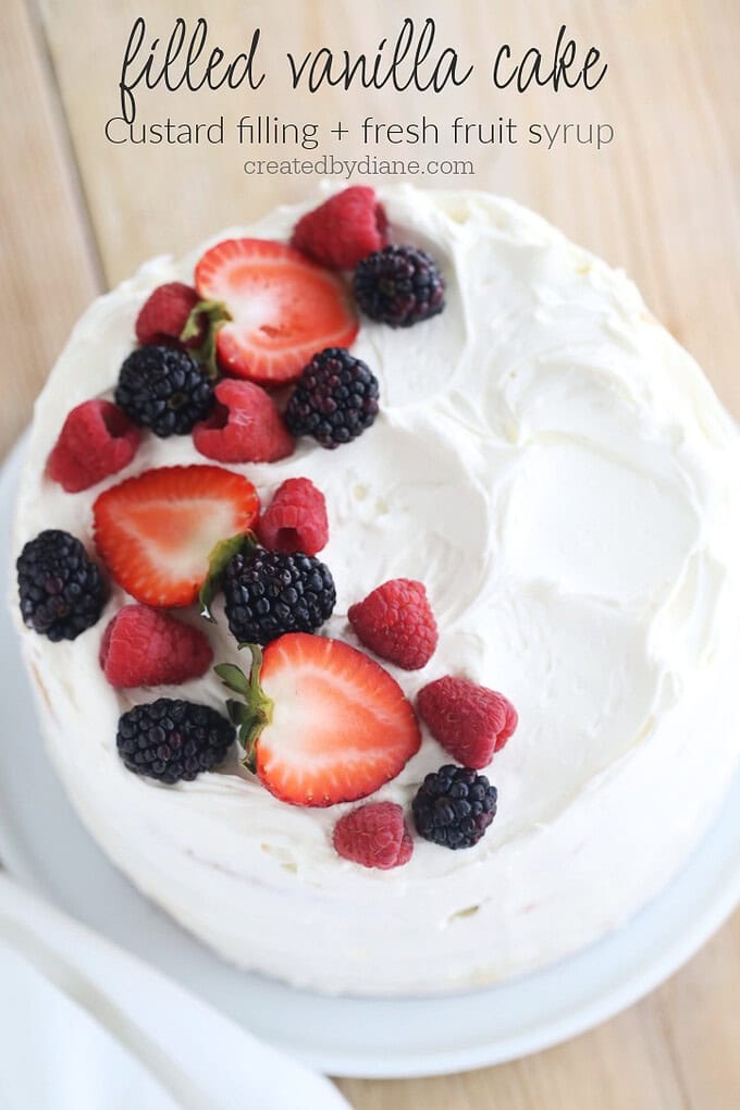 filled vanilla cake with custard and fresh fruit syrup