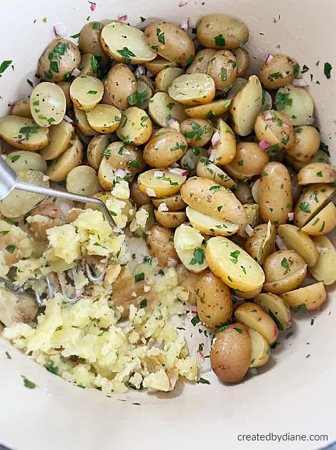 how to make Greek Potato Salad, no mayo, olive oil, lemon createdbydiane.com