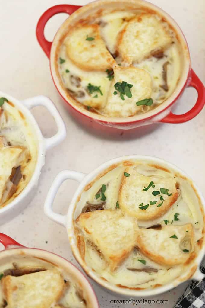 french onion soup with cheese and toasted bread createdbydiane.com