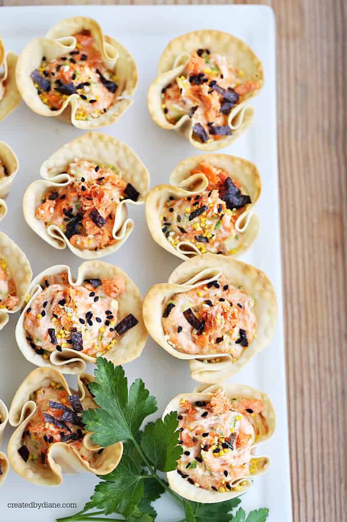 salmon appetizer in wonton cups createdbydiane.com