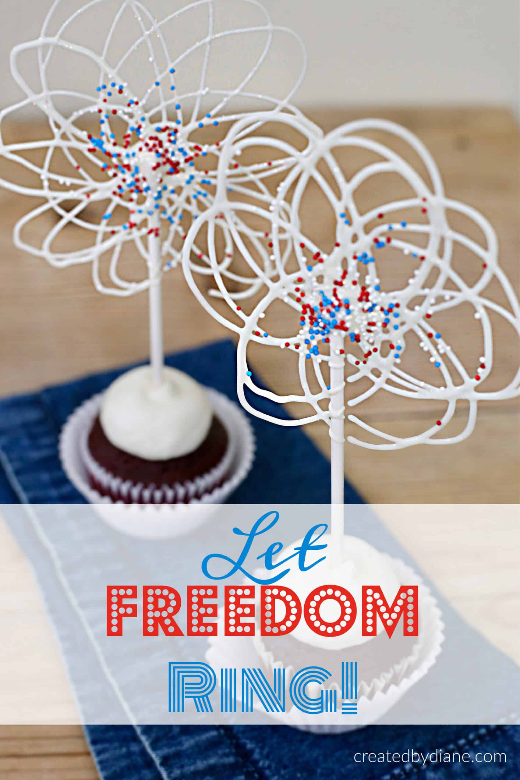 CANDY CUPCAKE TOPPERS, red white and blue candy and sprinkles swirled to look like fireworks