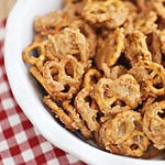butter toffee pretzels in a white bowl