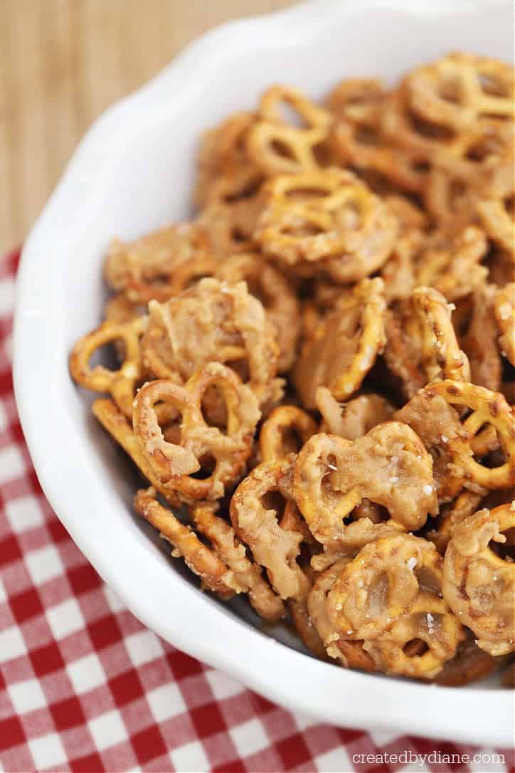 butter toffee pretzels in a white bowl