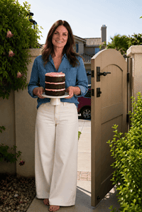 Diane walking in gate holding a pink frosted cake createdbydiane