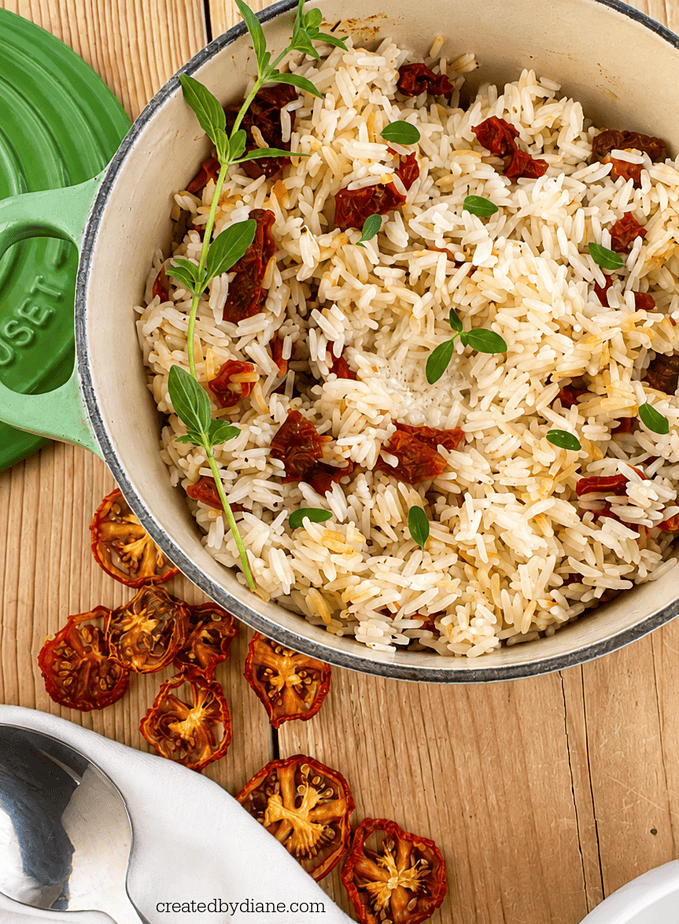easy rice recipe with an Italian flavor, great served with chicken, sun-dried tomato rice recipe in under 30 minutes