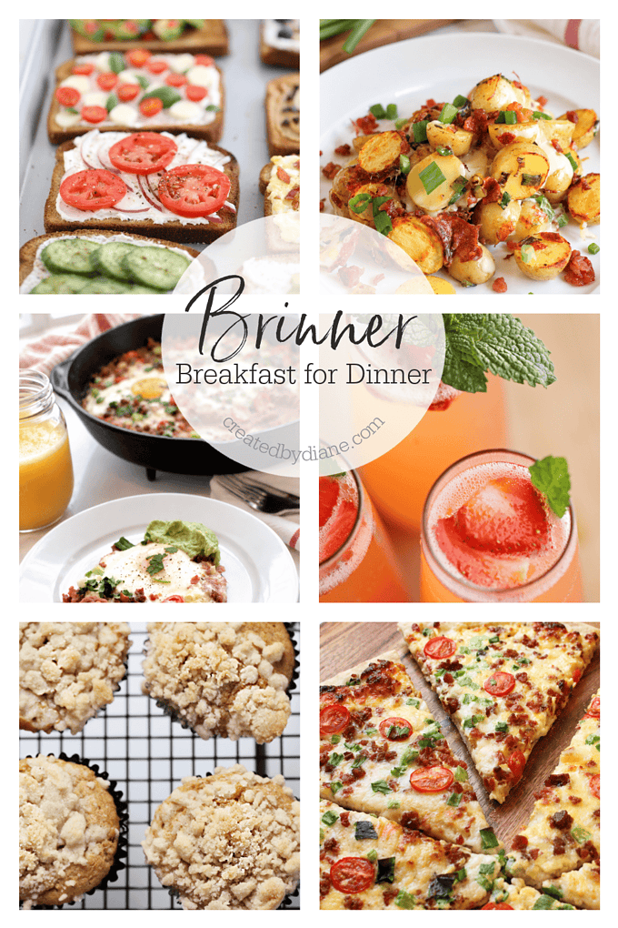BRINNER- breakfast for dinner including toast toppings, potatoes, baked eggs and mimosas, muffins and breakfast pizza along with many other delicious options. createdbydiane